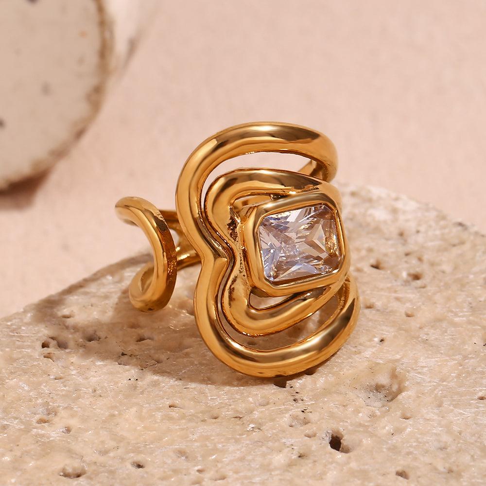 Wholesale Simple Style Geometric Stainless Steel Plating Inlay Zircon 18K Gold Plated Open Rings - coojewelry