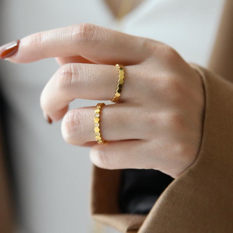 Wholesale Simple Style Hexagon Titanium Steel Plating Inlay Zircon 18K Gold Plated Rings - coojewelry