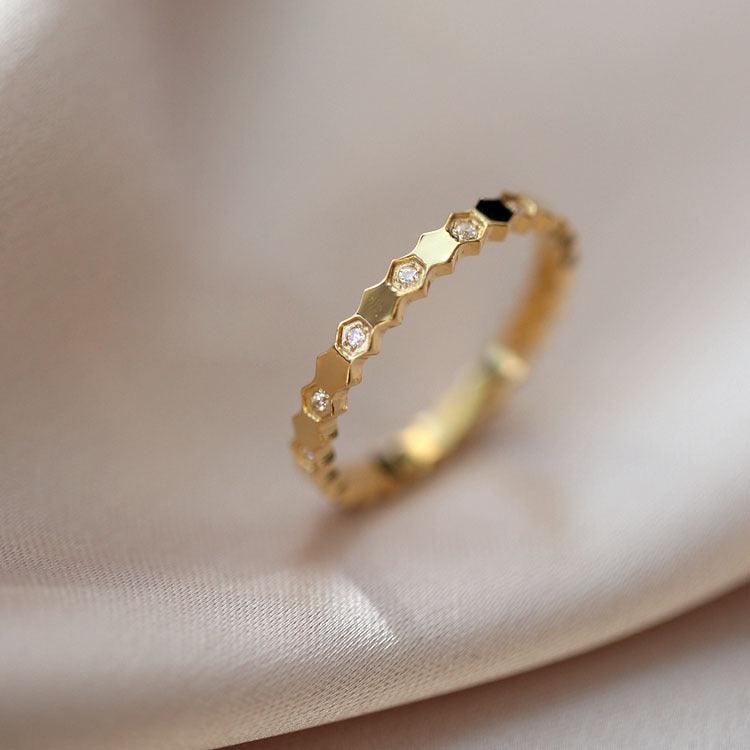 Wholesale Simple Style Hexagon Titanium Steel Plating Inlay Zircon 18K Gold Plated Rings - coojewelry