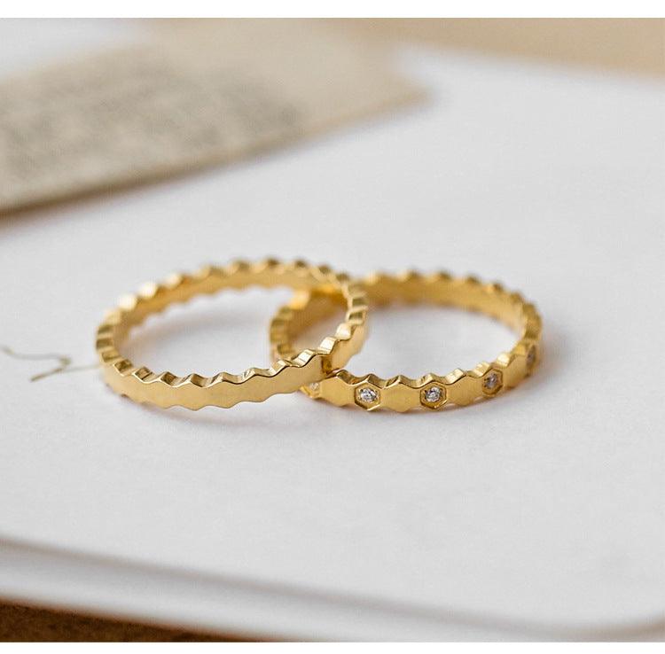 Wholesale Simple Style Hexagon Titanium Steel Plating Inlay Zircon 18K Gold Plated Rings - coojewelry