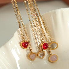 Wholesale Simple Style Oval Heart Shape Titanium Steel Plating Inlay Agate 18K Gold Plated Pendant Necklace - coojewelry