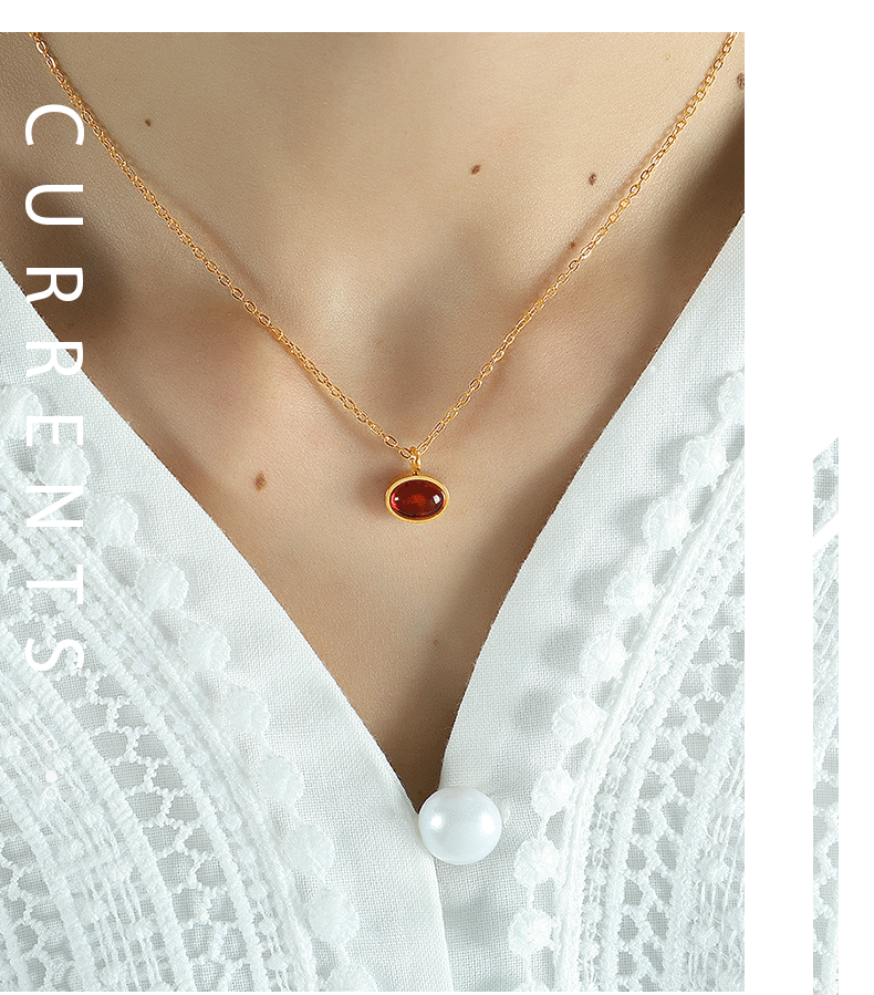 Wholesale Simple Style Oval Heart Shape Titanium Steel Plating Inlay Agate 18K Gold Plated Pendant Necklace - coojewelry