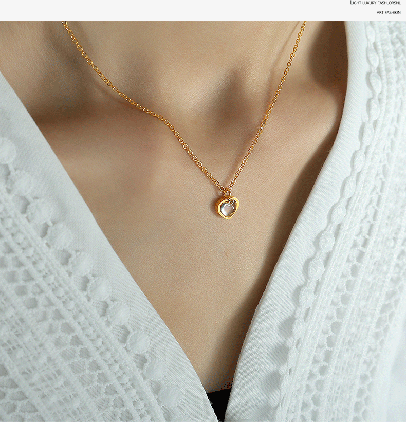 Wholesale Simple Style Oval Heart Shape Titanium Steel Plating Inlay Agate 18K Gold Plated Pendant Necklace - coojewelry