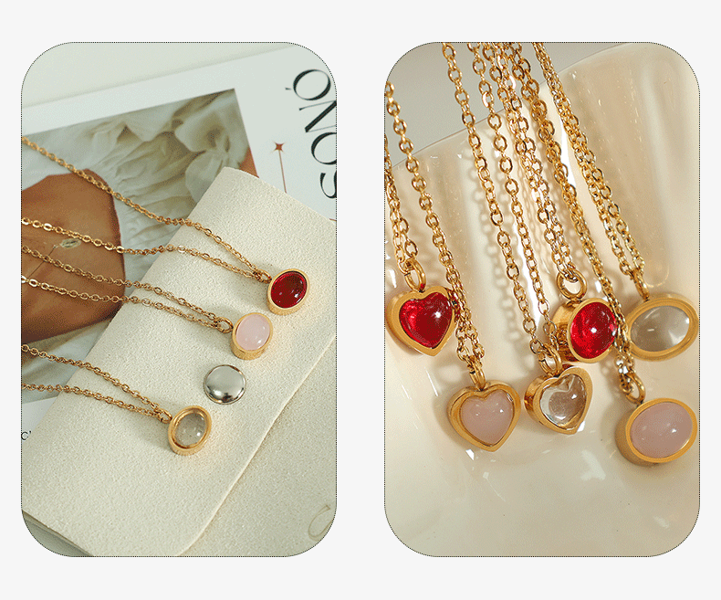 Wholesale Simple Style Oval Heart Shape Titanium Steel Plating Inlay Agate 18K Gold Plated Pendant Necklace - coojewelry
