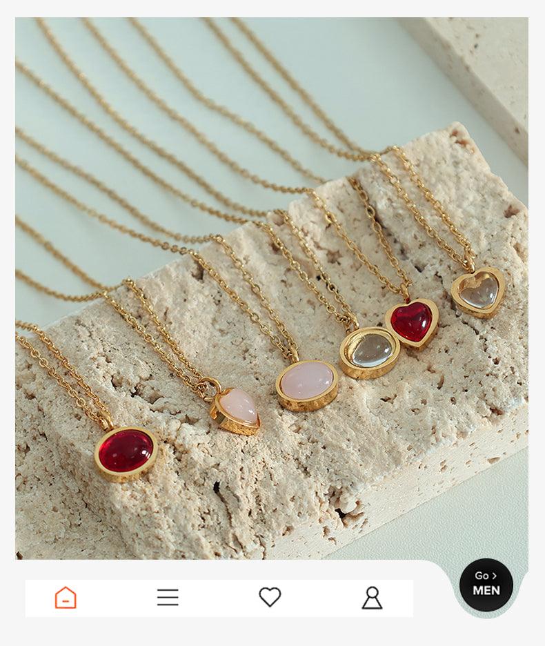 Wholesale Simple Style Oval Heart Shape Titanium Steel Plating Inlay Agate 18K Gold Plated Pendant Necklace - coojewelry