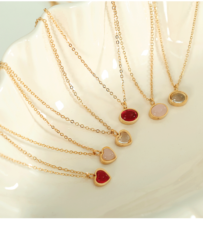 Wholesale Simple Style Oval Heart Shape Titanium Steel Plating Inlay Agate 18K Gold Plated Pendant Necklace - coojewelry