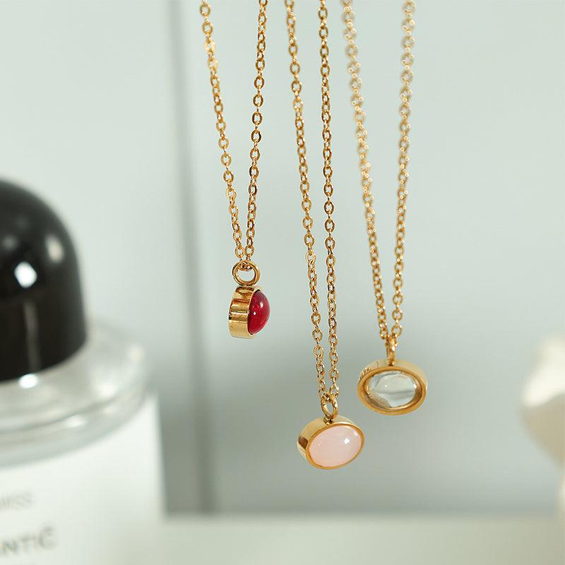 Wholesale Simple Style Oval Heart Shape Titanium Steel Plating Inlay Agate 18K Gold Plated Pendant Necklace - coojewelry