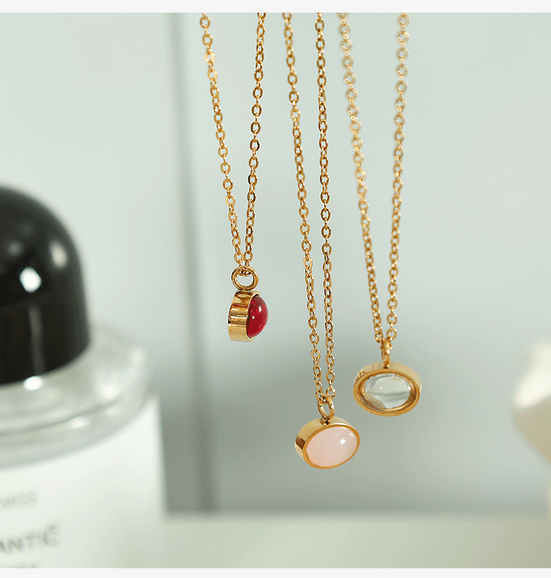 Wholesale Simple Style Oval Heart Shape Titanium Steel Plating Inlay Agate 18K Gold Plated Pendant Necklace - coojewelry