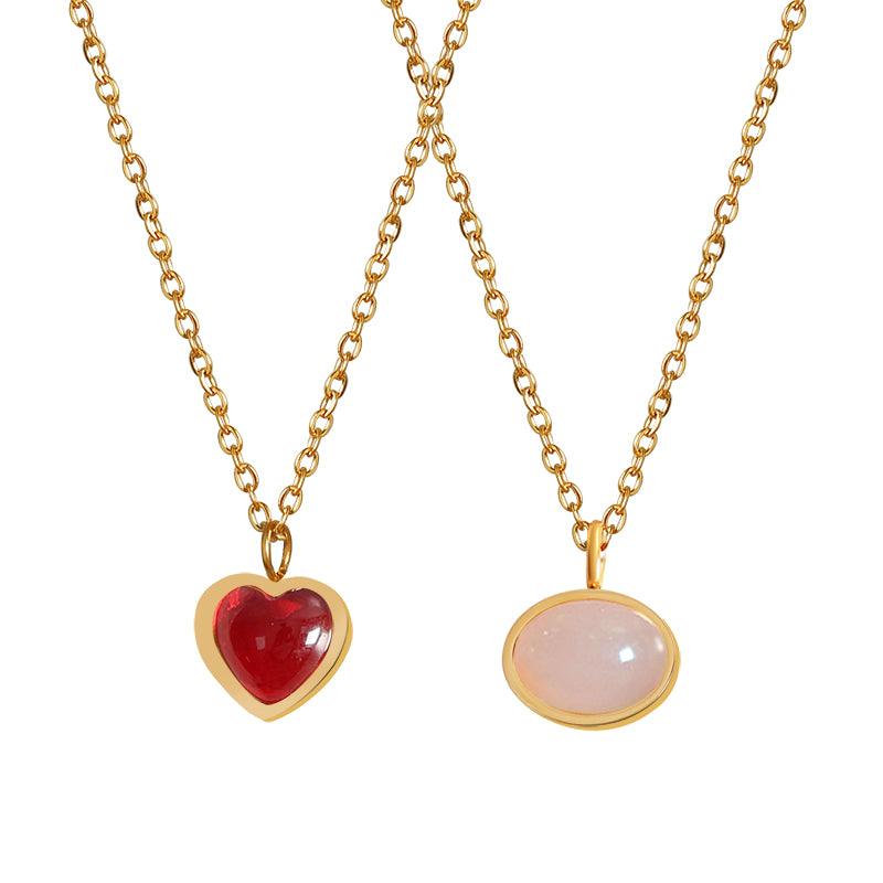 Wholesale Simple Style Oval Heart Shape Titanium Steel Plating Inlay Agate 18K Gold Plated Pendant Necklace - coojewelry