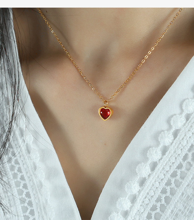 Wholesale Simple Style Oval Heart Shape Titanium Steel Plating Inlay Agate 18K Gold Plated Pendant Necklace - coojewelry