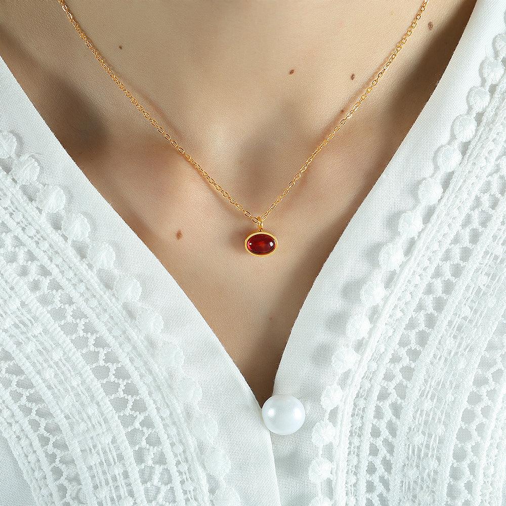 Wholesale Simple Style Oval Heart Shape Titanium Steel Plating Inlay Agate 18K Gold Plated Pendant Necklace - coojewelry