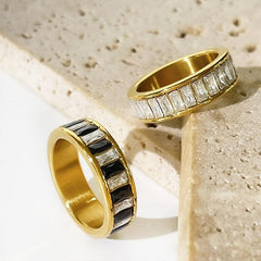 Wholesale Simple Style Shiny Rectangle Rings Stainless Steel Plating Inlay Rhinestones 18k Gold Plated - coojewelry