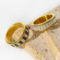 Wholesale Simple Style Shiny Rectangle Rings Stainless Steel Plating Inlay Rhinestones 18k Gold Plated - coojewelry