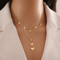 Wholesale Stainless Steel 18K Gold Plated Cute Sweet Heart Shape Eye Butterfly Hollow Out Inlay Zircon Double Layer Necklaces - coojewelry