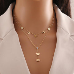 Wholesale Stainless Steel 18K Gold Plated Cute Sweet Heart Shape Eye Butterfly Hollow Out Inlay Zircon Double Layer Necklaces - coojewelry