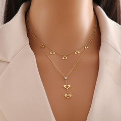 Wholesale Stainless Steel 18K Gold Plated Cute Sweet Heart Shape Eye Butterfly Hollow Out Inlay Zircon Double Layer Necklaces - coojewelry