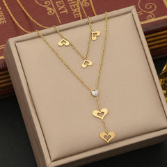 Wholesale Stainless Steel 18K Gold Plated Cute Sweet Heart Shape Eye Butterfly Hollow Out Inlay Zircon Double Layer Necklaces - coojewelry