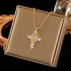 Wholesale Stainless Steel Copper Retro Classic Style Inlay Plating Cross Human Zircon Pendant Necklace - coojewelry