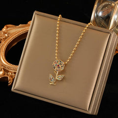 Wholesale Stainless Steel Copper Romantic Elegant Inlay Plating Flower Zircon Pendant Necklace - coojewelry