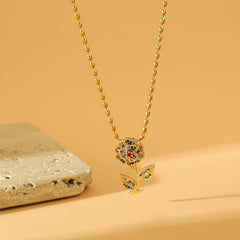 Wholesale Stainless Steel Copper Romantic Elegant Inlay Plating Flower Zircon Pendant Necklace - coojewelry