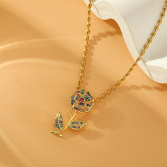 Wholesale Stainless Steel Copper Romantic Elegant Inlay Plating Flower Zircon Pendant Necklace - coojewelry