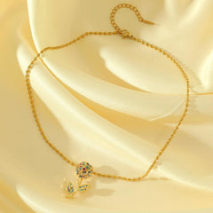 Wholesale Stainless Steel Copper Romantic Elegant Inlay Plating Flower Zircon Pendant Necklace - coojewelry