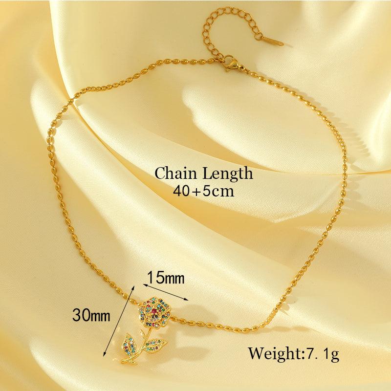 Wholesale Stainless Steel Copper Romantic Elegant Inlay Plating Flower Zircon Pendant Necklace - coojewelry