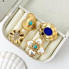 Wholesale Stainless Steel Gold Plated Vintage Style Simple Style Plating Inlay Irregular Heart Shape Turquoise Pearl Zircon Open Rings - coojewelry
