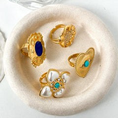 Wholesale Stainless Steel Gold Plated Vintage Style Simple Style Plating Inlay Irregular Heart Shape Turquoise Pearl Zircon Open Rings - coojewelry