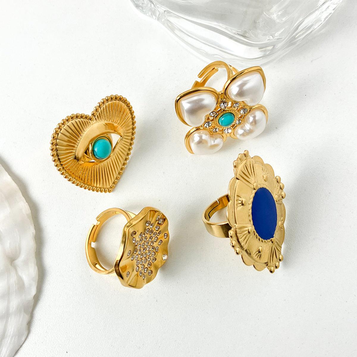 Wholesale Stainless Steel Gold Plated Vintage Style Simple Style Plating Inlay Irregular Heart Shape Turquoise Pearl Zircon Open Rings - coojewelry