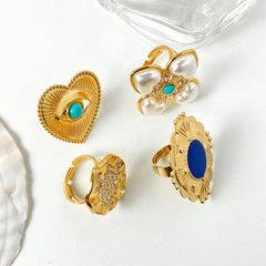 Wholesale Stainless Steel Gold Plated Vintage Style Simple Style Plating Inlay Irregular Heart Shape Turquoise Pearl Zircon Open Rings - coojewelry