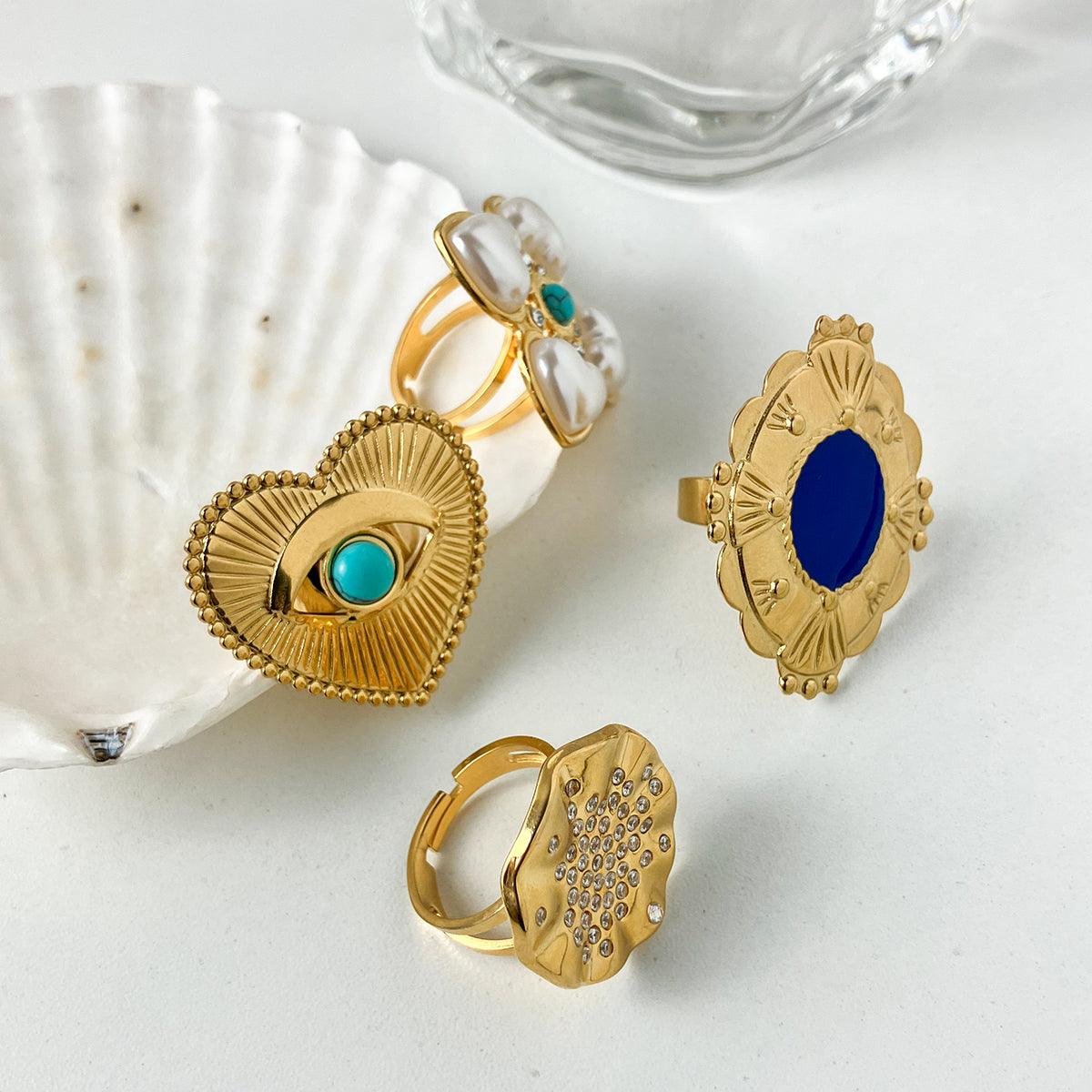 Wholesale Stainless Steel Gold Plated Vintage Style Simple Style Plating Inlay Irregular Heart Shape Turquoise Pearl Zircon Open Rings - coojewelry