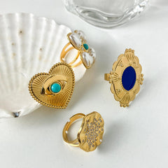 Wholesale Stainless Steel Gold Plated Vintage Style Simple Style Plating Inlay Irregular Heart Shape Turquoise Pearl Zircon Open Rings - coojewelry