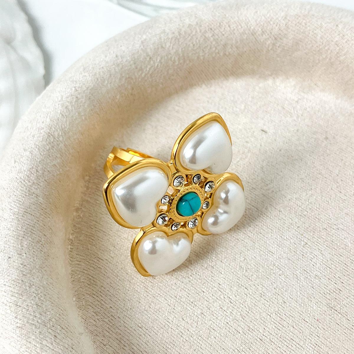 Wholesale Stainless Steel Gold Plated Vintage Style Simple Style Plating Inlay Irregular Heart Shape Turquoise Pearl Zircon Open Rings - coojewelry