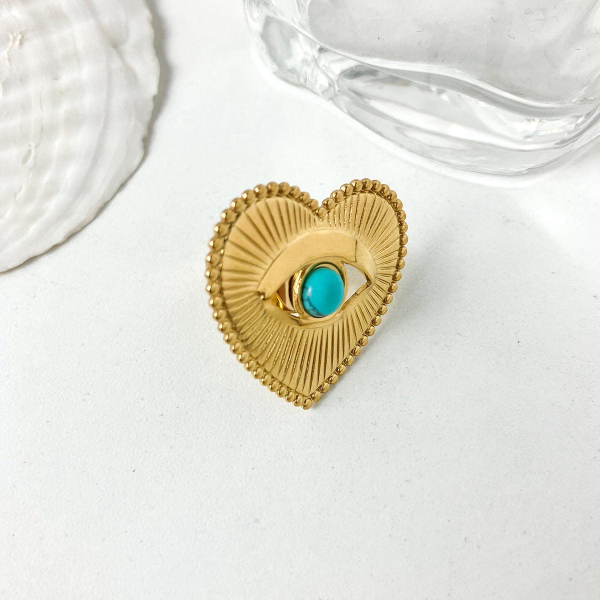 Wholesale Stainless Steel Gold Plated Vintage Style Simple Style Plating Inlay Irregular Heart Shape Turquoise Pearl Zircon Open Rings - coojewelry