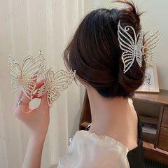 Wholesale Sweet Butterfly Alloy Pearl Plating Metal Artificial Pearls Rhinestones Hair Clip - coojewelry