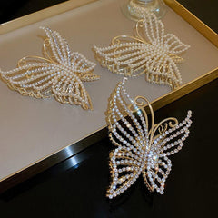Wholesale Sweet Butterfly Alloy Pearl Plating Metal Artificial Pearls Rhinestones Hair Clip - coojewelry