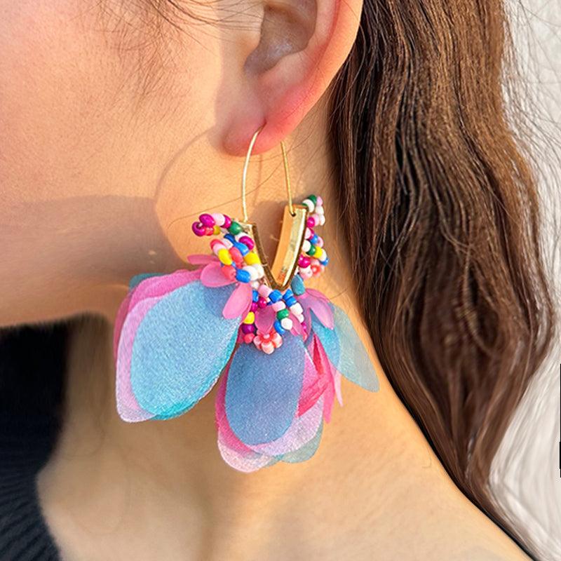 Wholesale Sweet Flower Alloy Cloth Glass Drop Earrings - coojewelry