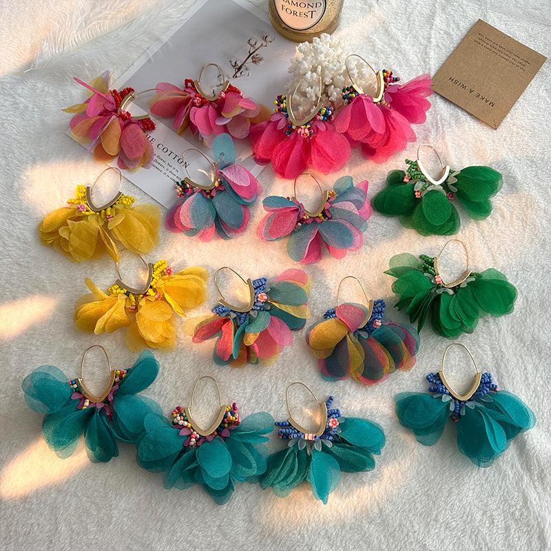 Wholesale Sweet Flower Alloy Cloth Glass Drop Earrings - coojewelry