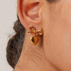 Wholesale Sweet Simple Style Heart Shape Bow Knot 304 Stainless Steel 18K Gold Plated Drop Earrings Pair - coojewelry