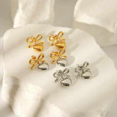 Wholesale Sweet Simple Style Heart Shape Bow Knot 304 Stainless Steel 18K Gold Plated Drop Earrings Pair - coojewelry