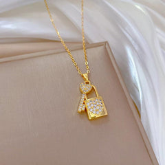 Wholesale Titanium Steel Casual Vacation Lock Inlay Artificial Diamond Pendant Necklace - coojewelry