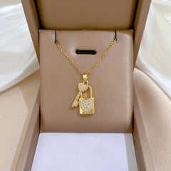 Wholesale Titanium Steel Casual Vacation Lock Inlay Artificial Diamond Pendant Necklace - coojewelry