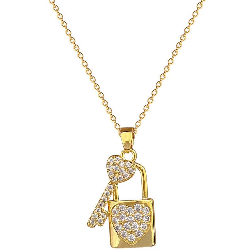 Wholesale Titanium Steel Casual Vacation Lock Inlay Artificial Diamond Pendant Necklace - coojewelry