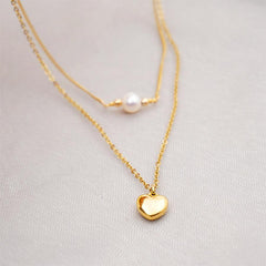 Wholesale Titanium Steel Gold Plated Simple Style Heart Shape Inlay Artificial Pearls Double Layer Necklaces Sweater Chain - coojewelry
