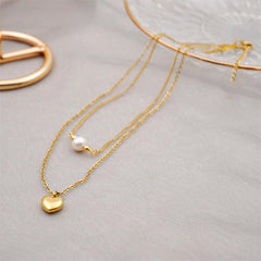 Wholesale Titanium Steel Gold Plated Simple Style Heart Shape Inlay Artificial Pearls Double Layer Necklaces Sweater Chain - coojewelry