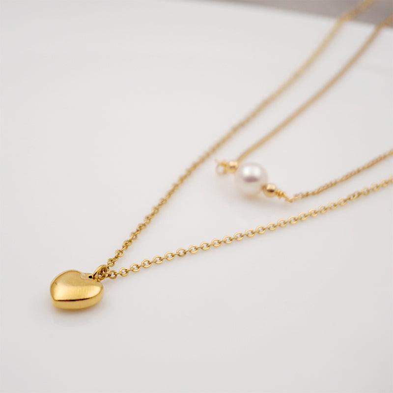 Wholesale Titanium Steel Gold Plated Simple Style Heart Shape Inlay Artificial Pearls Double Layer Necklaces Sweater Chain - coojewelry