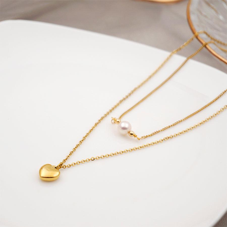 Wholesale Titanium Steel Gold Plated Simple Style Heart Shape Inlay Artificial Pearls Double Layer Necklaces Sweater Chain - coojewelry