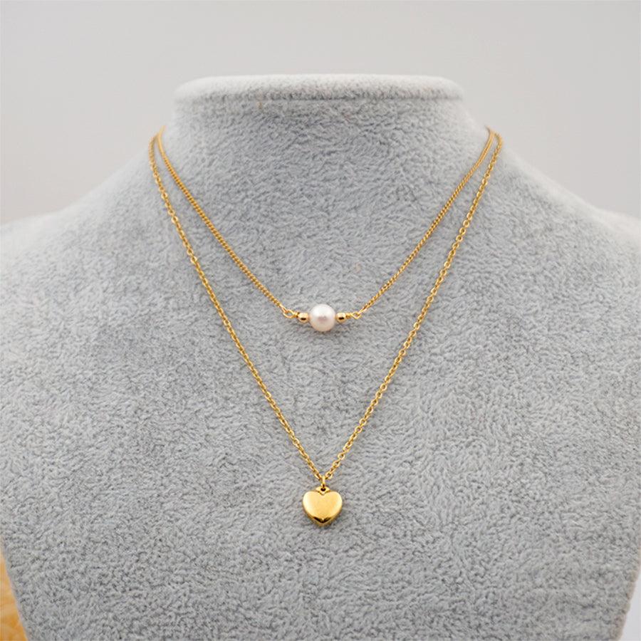 Wholesale Titanium Steel Gold Plated Simple Style Heart Shape Inlay Artificial Pearls Double Layer Necklaces Sweater Chain - coojewelry