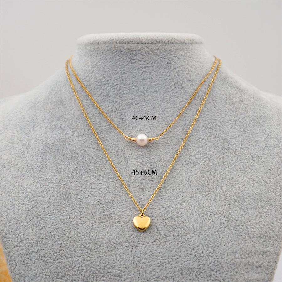 Wholesale Titanium Steel Gold Plated Simple Style Heart Shape Inlay Artificial Pearls Double Layer Necklaces Sweater Chain - coojewelry